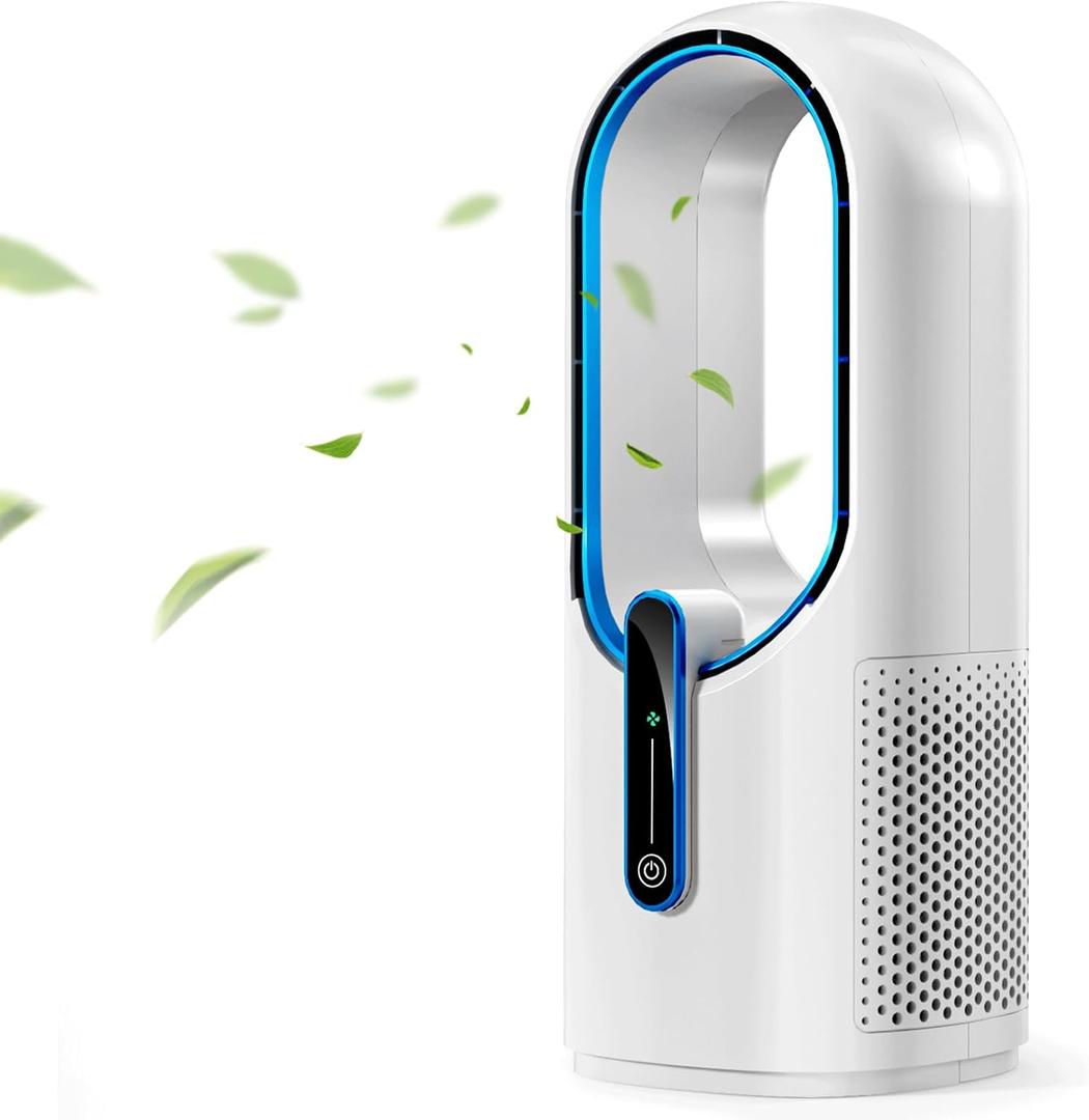 Misby Desk Fan, 11.8 Inch Portable Bladeless Fan, Small Rechargeable Table Fan with Battery, 3 Adjustable Speeds, Touch Control, Easy to Clean, Quiet Desktop Fan for Bedroom, Home, Office (White)