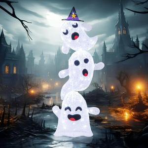 Goplus 4 Ft Halloween Decorations Outdoor Stacked Ghosts, Free-Standing Cute Yard Decorations with 120 Built-in LED Lights, Halloween Light up Spooky Ghosts for Lawn, Garden, Front Porch, Party