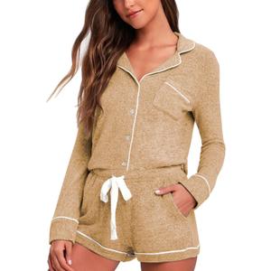 Aamikast Womens Pajama Sets Button Down Long Sleeve Sleepwear Soft 2 Piece Pjs Lounge Set (Beige, XS)