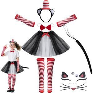 codree 7 Pcs Cat Costume Set, Halloween Kitty Cosplay Outfits, Cat Ear Top Hat Headband Bowtie Skirt Tail Socks Gloves Kit