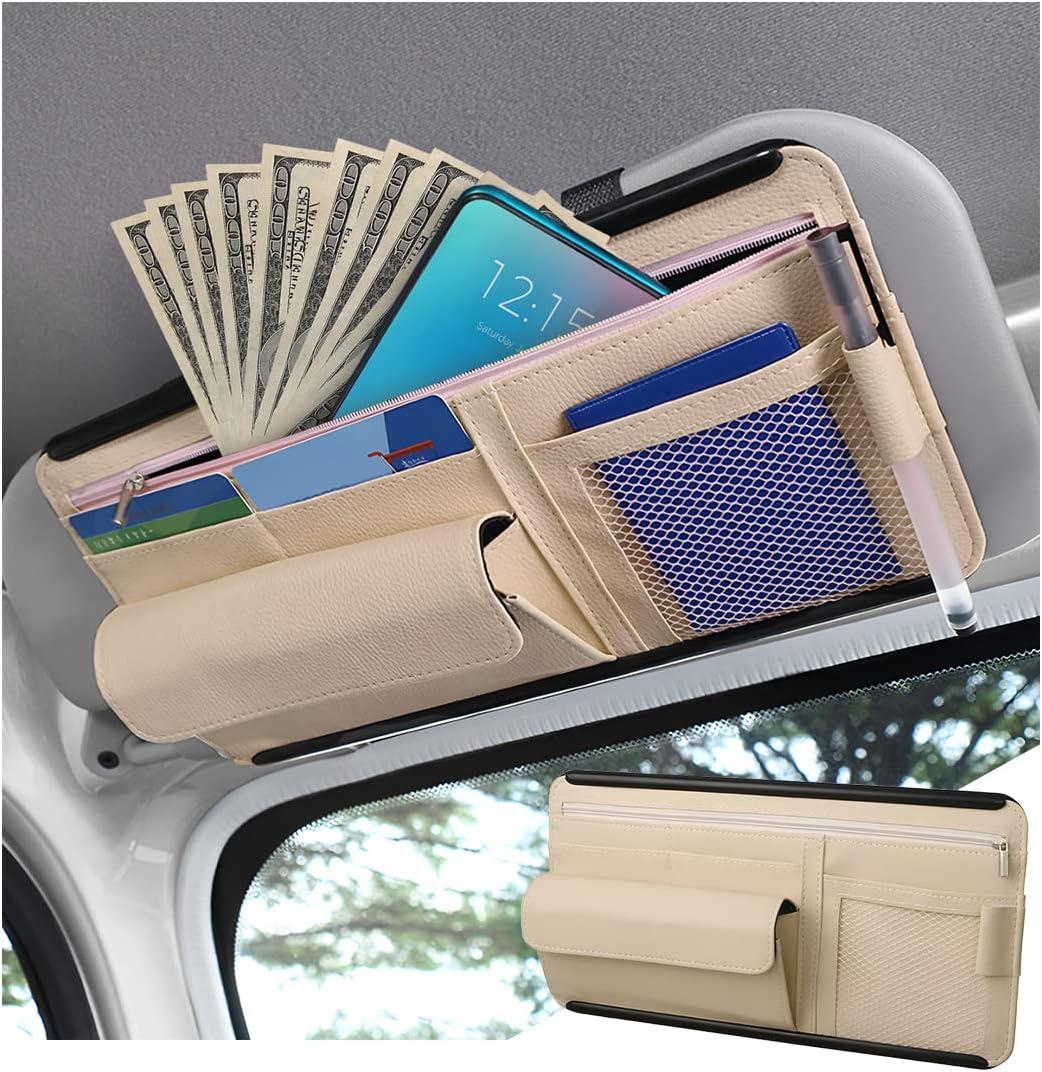 Car Sun Visor Organizer, Car Visor Pocket Wallet Pouch Holder, Vehicle Sunshade Glasses Case Storage Bag with Multi-Pocket Net Zipper, Auto Interior Accessories Universal for SUV Truck Van (Beige)