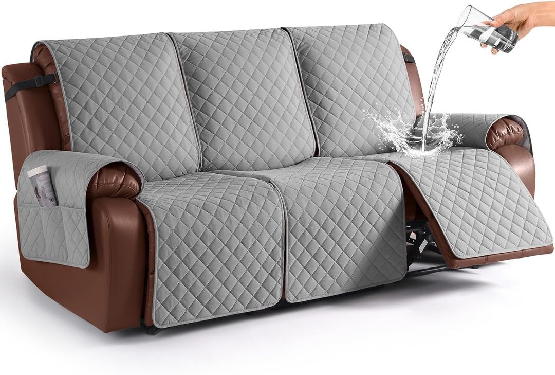 KinCam 100% Waterproof Recliner Sofa Covers, Non-Slip Reclining Couch Covers for 3 Seat, Recliner Couch Cover Furniture Protector with Elastic Straps for Pets, Kids, Light Gray