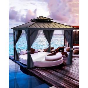 10x10 Ft Hardtop Gazebos with Heavy Duty Double Roof, Nettings and Curtains Galvanized Steel Outdoor Gazebos for Patio, Backyard, Deck, Lawn