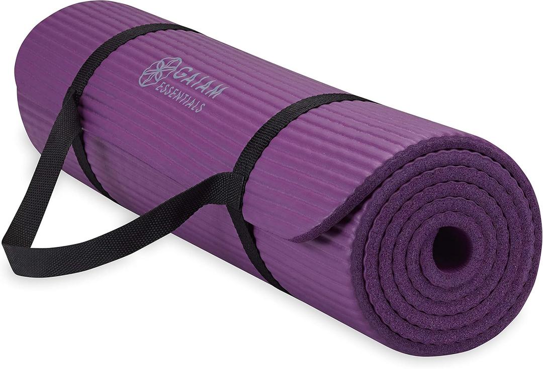 Gaiam Essentials 2/5" Thick (10mm) Yoga & Pilates, Fitness & Exercise Mat with Easy-Cinch Carrier Strap Cusion Support For Fitness and Gym Workouts (Purple)
