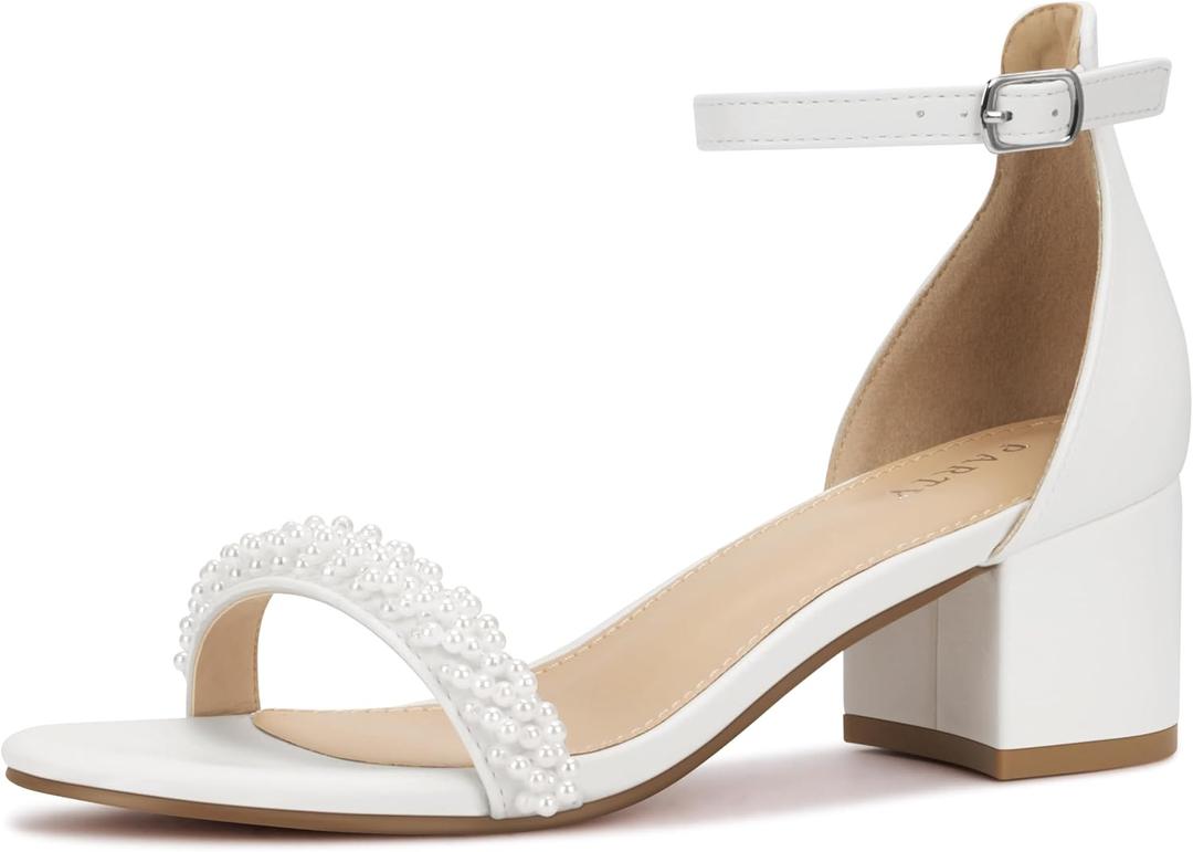 PARTY Women's Open Toe Ankle Strap Low Block Chunky Heels Sandals (9, White Pearl)