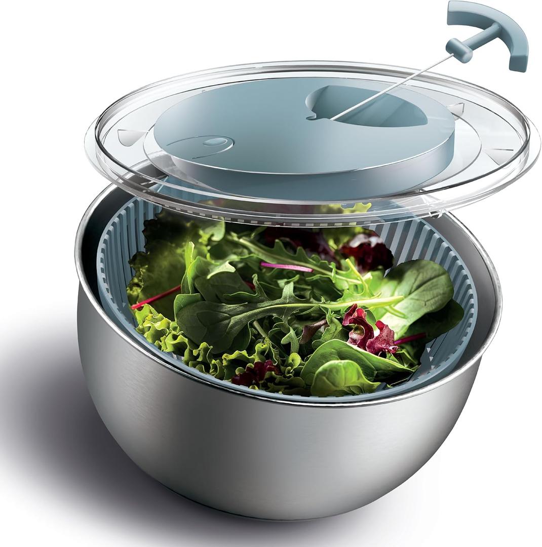 COOK WITH COLOR Stainless Steel Salad Spinner - 5 Qt. Lettuce Washer And Vegetable Spinner Dryer for Easy Salad Prep - Non Slip Base with Pull Handle - Auto Stop Brake System, Stain and Odor Resistant (Blue)