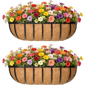 24 Inch Railing Planter Window Box Deck Balcony Rail Planter with Coco Liner Metal Wall-Mounted Coconut Liner Planter Basket English Horse Trough Planters for Outdoor Balcony Porch Fence (2 Pack)
