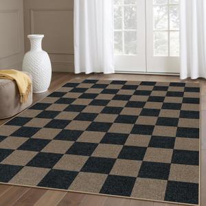 Lahome Checkered Easy Jute Living Room Rugs, 5x7 Black Dining Room Office Rug Farmhouse Washable Carpet, Checkerboard Neutral Non Slip Indoor Outdoor Carpet for Bedroom Entry Patio (5' X 7', Chocolate Brown/Checkerboard -1)
