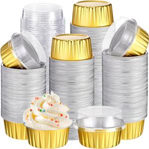 Gejoy 400 Pcs Aluminum Foil Baking Cups with Lids 5 oz Disposable Ramekins Mini Cake Pans Creme Brulee Cupcake Liners Muffin Tins Flan Mold Dessert Container for Wedding(Gold,Classic)