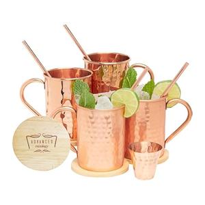 Yooreka Gift Set Moscow Mule Mugs Set Of 4 16 oz Solid Cooper, 100% Pure Copper Cups Cylindrical Shape HANDCRAFTED, BONUS 4 Straws, 4 Wood Coasters, Stirring Spoon, And Shot Glass (Square)