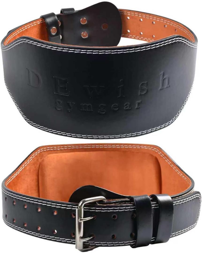Leather Gym Fitness Belt, 4" & 6" Padded Lumbar Back Support, 10 Adjustable Holes for Weightlifting Powerlifting Bodybuilding Deadlift Squat Workout Strength Training (Black)