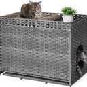 Cat Litter Box Enclosure with Soft Litter Mat; Hidden Kitten Washroom Furniture with Door; Handwoven Rattan Cat House with Large Space; Pet Crate for Living Room, Bedroom, Balcony (Grey)