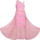 GRACE KARIN Girls Sequin Dress One Sleeve Formal Pageant Prom Party Special Occasion Dresses Size 5-14 (12-14 Years, Candy Pink)
