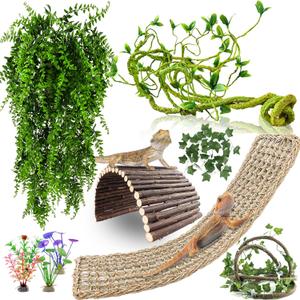 RUNANIA Bearded Dragon Tank Accessories, 10 PCS Reptile Hammock Plants Bridge Jungle Climber Vines for Snakes Bearded Dragon Chameleon Gecko Lizard
