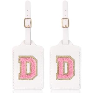 Personalized Initial Luggage Tags for Suitcases with Chenille Letter, Cute Leather Luggage Tag Monogrammed Tags for Baggage Bag Travel Gifts for Women Kids Teens(White_D)Pack of 3