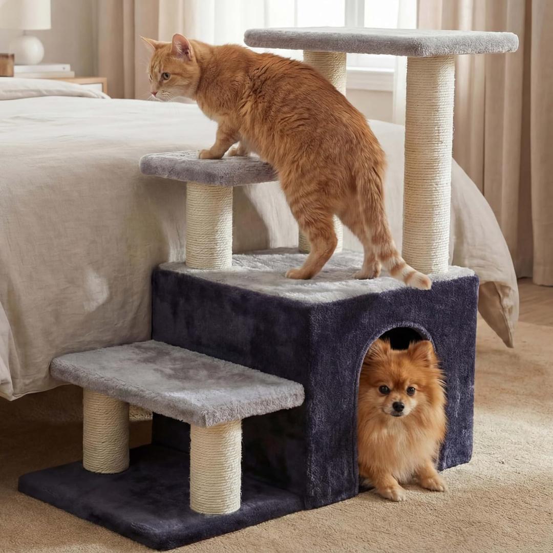 Heybly Cat Scratching Post, Sturdy Pet Stairs & Steps for Indoor Cats and Dogs, Small Cat Tree with Cat Condo, Full Wrapped Sisal Posts & Soft Plush Fabric, Smoky Gray & Light Gray HSP002SGW
