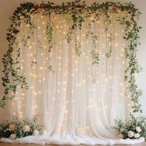 10x8ft White Tulle Backdrop Curtain with Lights, Wrinkle-Free Sheer Wedding Backdrop for Birthday Parties, Baby Showers, Bridal Showers, Photo Shoots and Home Decorations, White