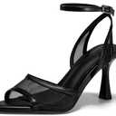 Coutgo Womens Mesh Kitten Heels Sandals Pointed Open Toe Ankle Buckle Strap Summer Dress Shoes, Black, size 9.5
