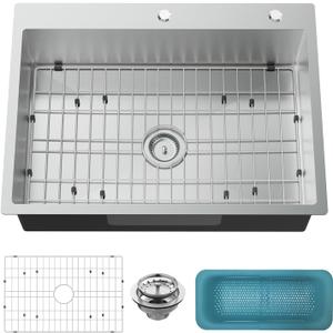 30x22 Inch Stainless Steel Kitchen Sink - Drop In Single Bowl Topmount Modern Large Kitchen Sink With SS Grid, Colander,Drain Strainer Set Compatibility With Various Kitchen&Bar Style