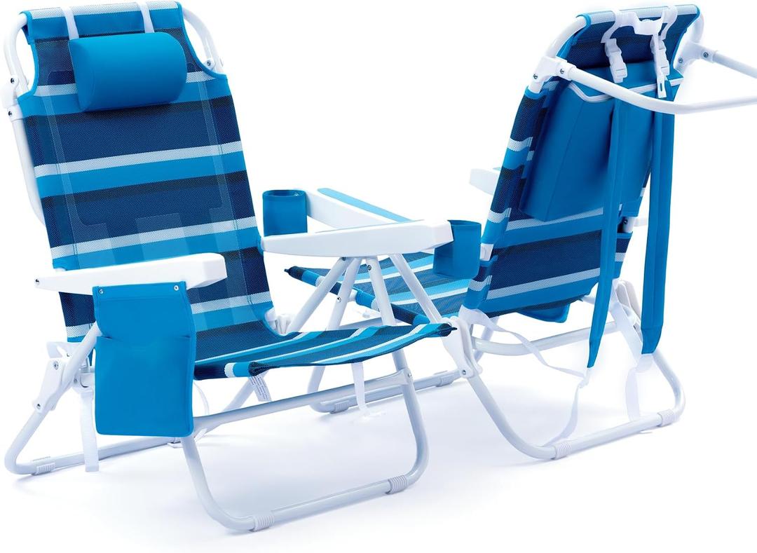 Beach Chair 2 Pack, 5 Positions Textilene Folding Reclining Beach Chair with Backpack Straps, Cooler Bag & Cup Holder for Outdoor Lawn Camping, Medium