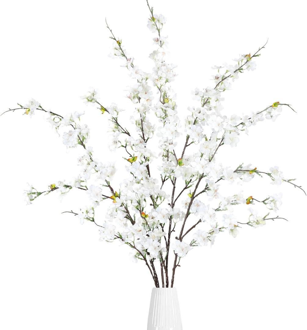 Sggvecsy Artificial Cherry Blossom Flowers 4 Pcs Faux Cherry Blossom Stems Faux Silk Cherry Blossom Branches 43 Fake Flowers Long Stems for Vase Arrangements Home Wedding Table Decor (White)