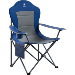 EVER ADVANCED High Back Folding Camping Chair Oversized and Fully Padded, Portable Quad Camp Lawn Chair Up to 300 lbs, with Cup Holder Armrest Carrying Bag, Grey