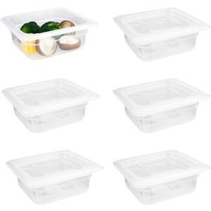 6-Pack Food Pan with Lids, 1/6 Size Food Storage Containers for homes, schools, restaurants, hotels Meal Prep, -40℉-160℉, Stackable, Freezer-Safe (1/6 size 2.5 inch deep, 1.1L/1.1QT)