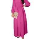BLENCOT Women Casual Flounce Long Sleeve Dress Fall V Neck Bright Rosy XL