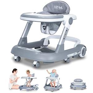Baby Walker with Wheels 4 in 1 Foldable Activity Center with Mute Wheels Adjustable Heights Anti-Fall Activity Center for Boys Girls Safe Infant Toddler Walker with Footrest for 6-24 Months