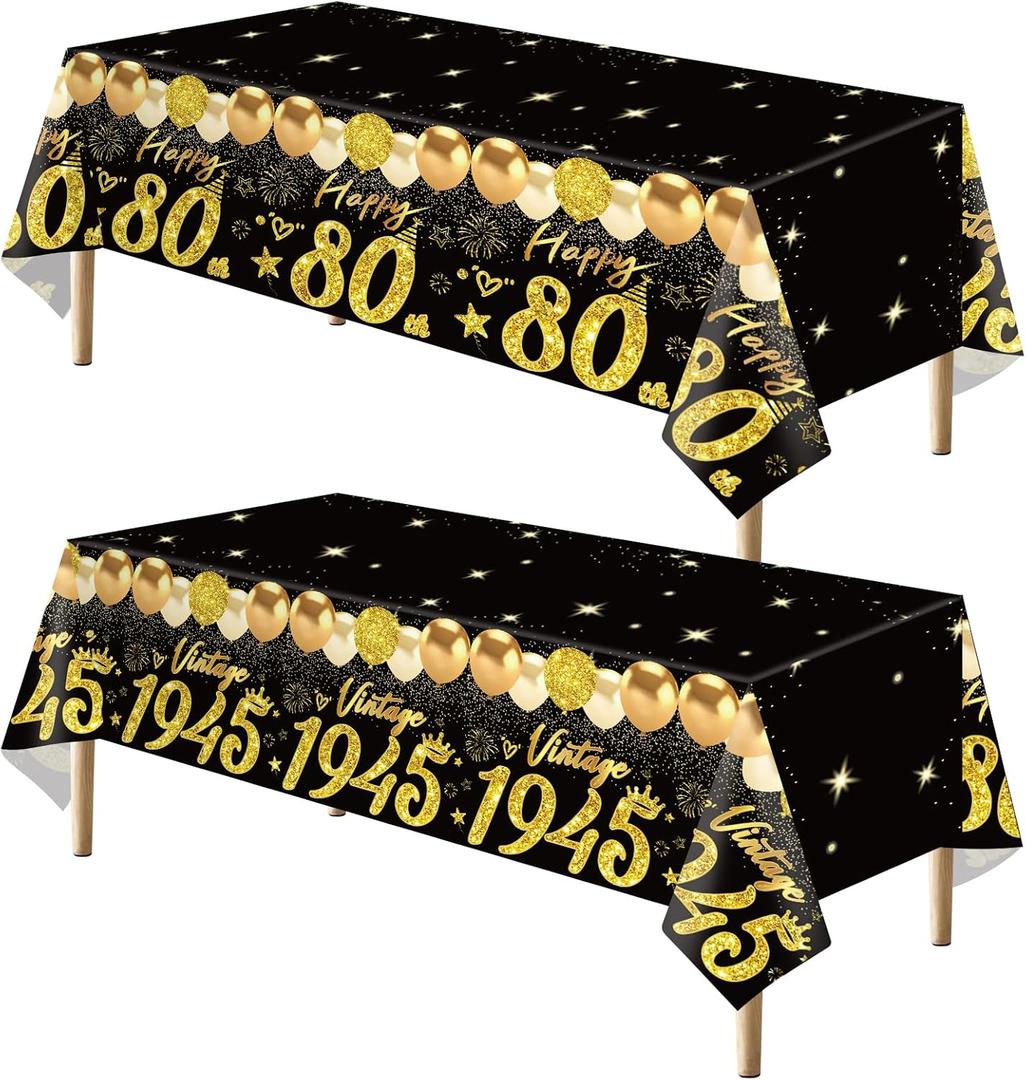 2pcs 80th Birthday Tablecloth, Black Gold 80th Birthday Decorations for Men Women Vintage 1945 Table Cloth Plastic Rectangular Table Cover Happy 80 Anniversary Party Supplies
