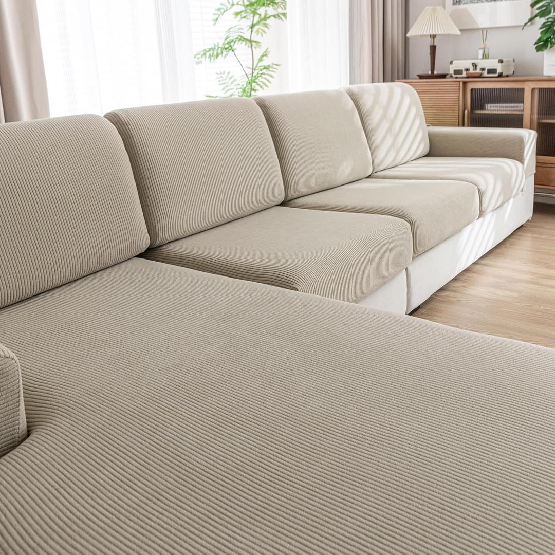 QIANMEW Couch Cushion Covers, Comfort Soft Magic Sofa Covers Washable Stretch Resistant Slipcovers for Sectional and L Shaped Seats Furniture Protectors for Pets (1PC Back Couch Cover, Light Brown)