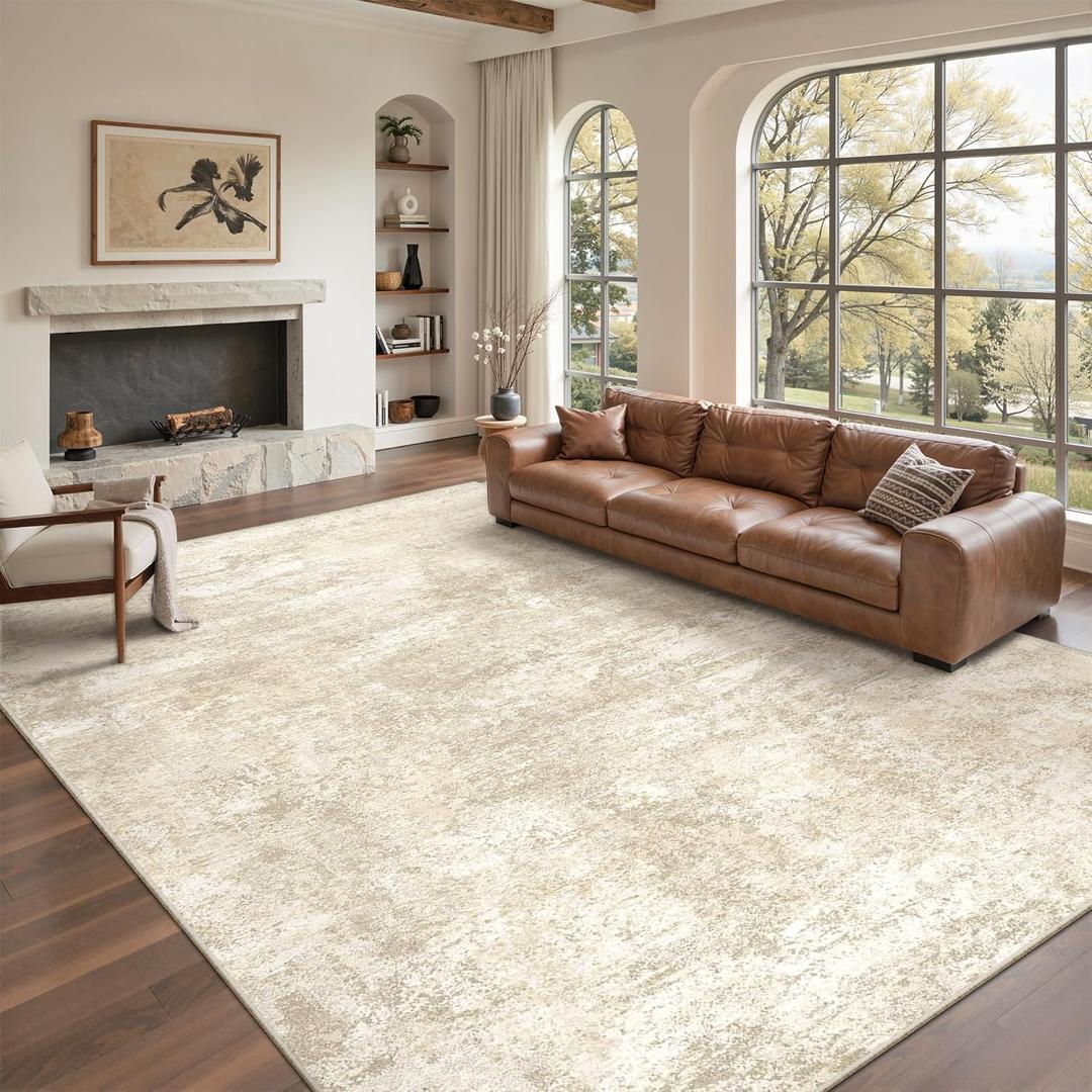 Washable Area Rug 8x10, Large Soft Rugs for Living Room Modern Abstract 8 x 10 Area Rugs for Bedroom Dining Room Non-Slip Stain Resistant Under Table Rug (Beige, 8'x10')