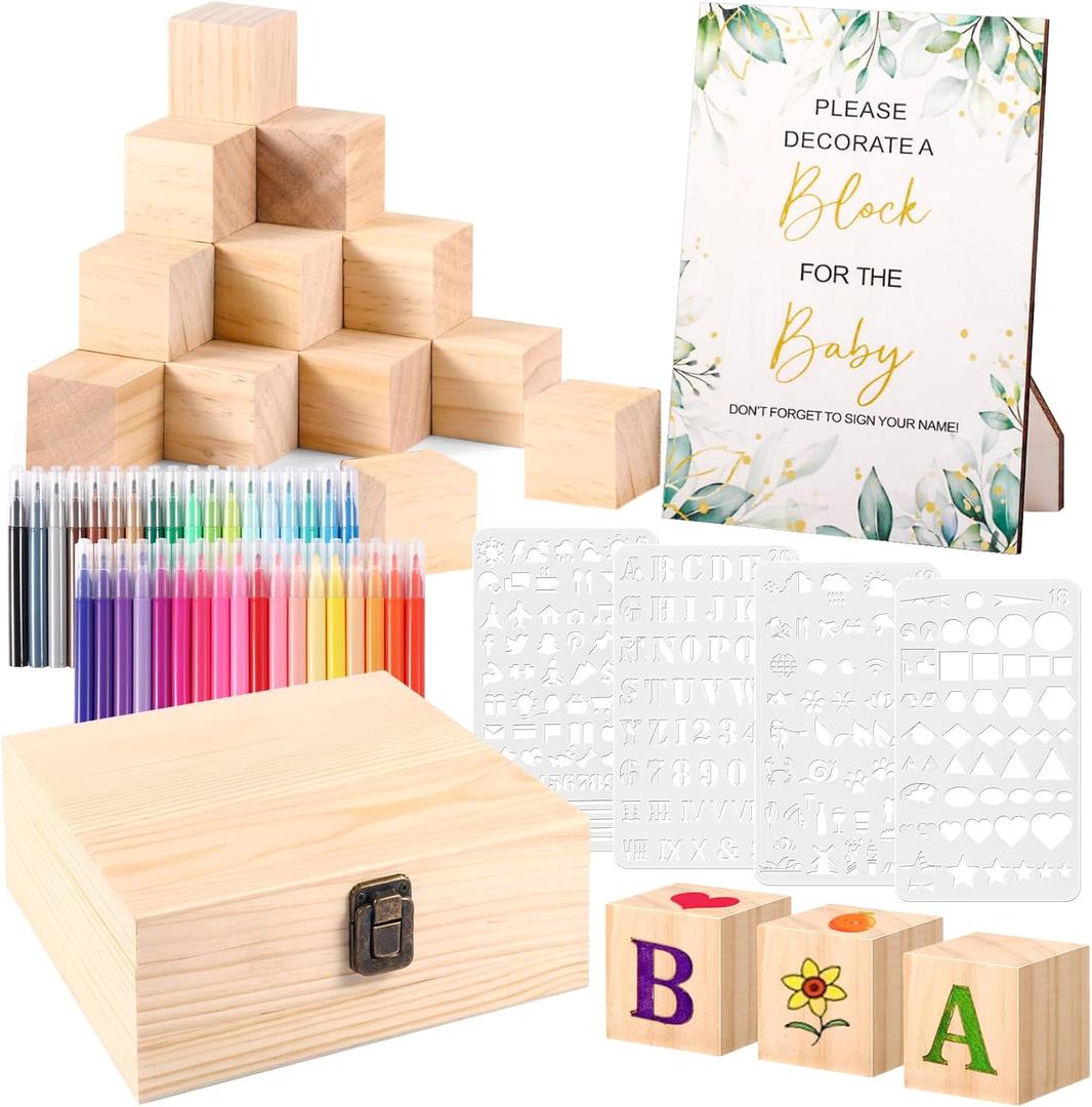 92Pcs Baby Shower Blocks Kit Wooden, Fun 50 DIY Blank Block 36 Acrylic Paint Markers Baby Shower Prize for Gender Reveal Game Party Decorate