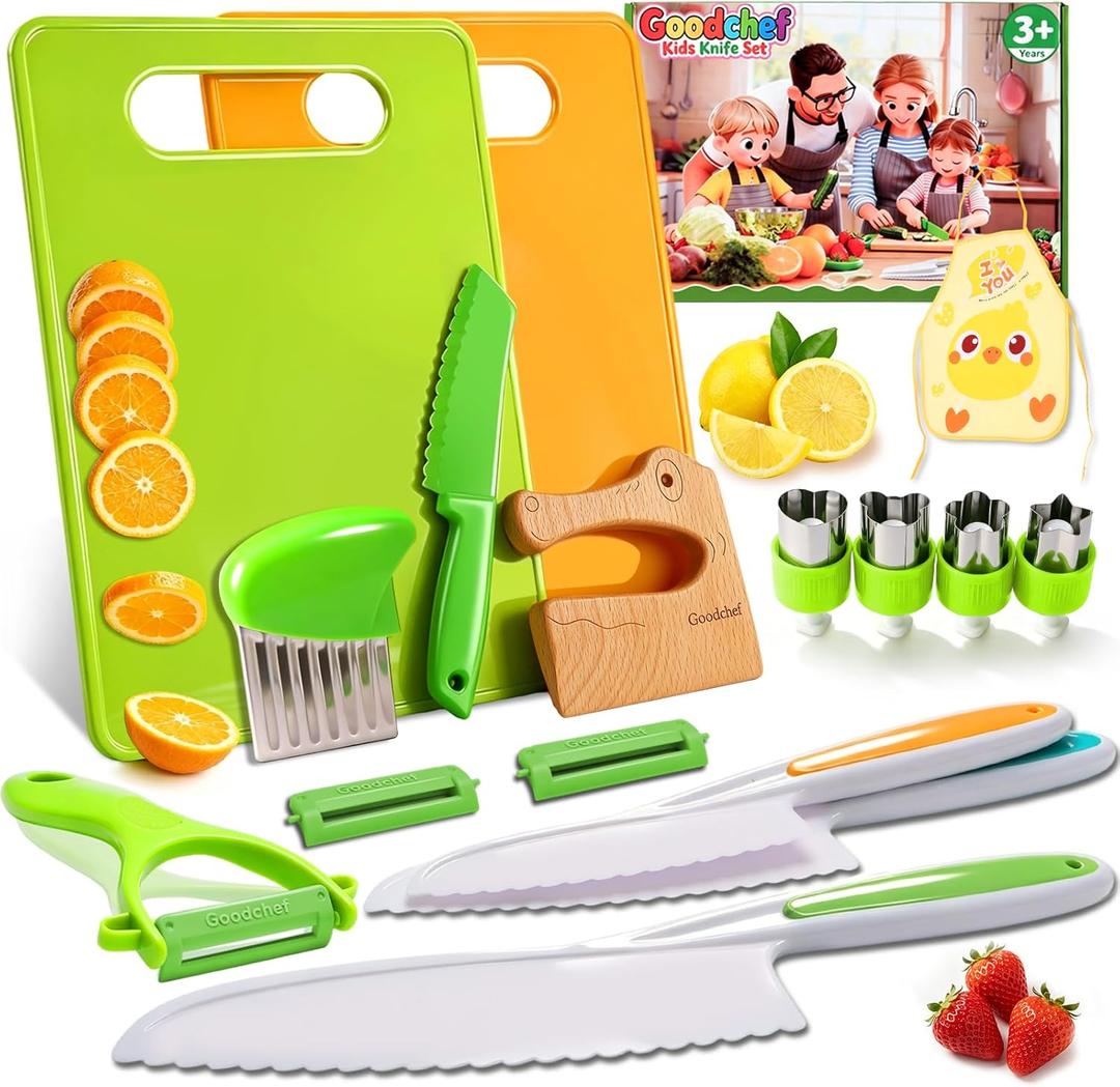 16 PCS Toddler Knife Set-Montessori Kitchen Tools for Toddlers-Kids Knife Set for Real Cooking with Kid Safe Knife Safe Plastic Peeler Kid Cutting Board Child-Friendly Tools