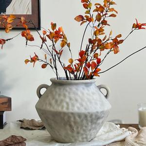Farmhouse Rustic Ceramic Flower Vase with 2 Handles, 7.6 Inch White Grey Ceramic Vases for Home Decor, Vintage Decorative Flower Vase for Dining Table Centerpieces, Living Room, Shelf (Large)