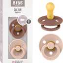 Bibs Pacifiers Color Collection, Set of 2 BPA-Free Latex Pacifiers Made in Europe, Round Nipple Baby Pacifier. (18+ Month (Pack of 2), Woodchuck / Blush)