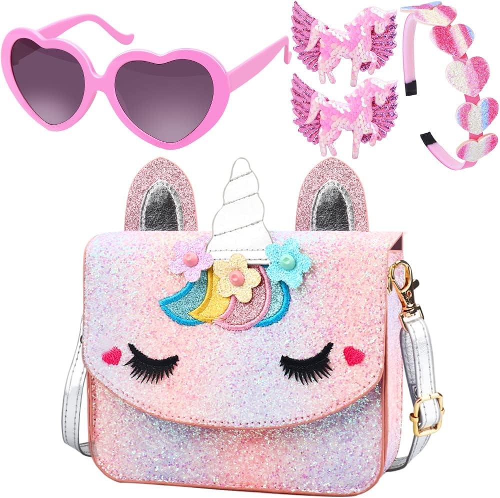 Unicorn Purse for Little Girls,Toddlers Crossbody Bags Kids with Accessories Cute Flap Bag Kids,Sunglass for Girls, Pink11, Fashion