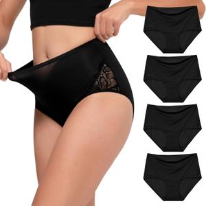 INNERSY Women's High Waisted Lace Underwear Full Coverage Silky Nylon Briefs Panties 4-Pack(Black, Small)