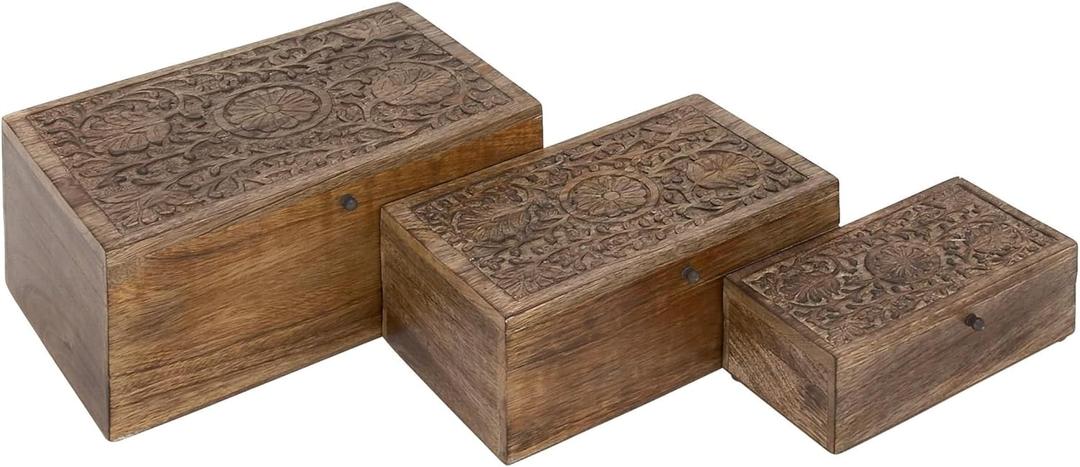 Deco 79 Mango Wood Floral Handmade Decorative Box Decorative Keepsake Boxes with Hinged Lid, Set of 3 Storage Boxes 8", 10", 12"W, Brown