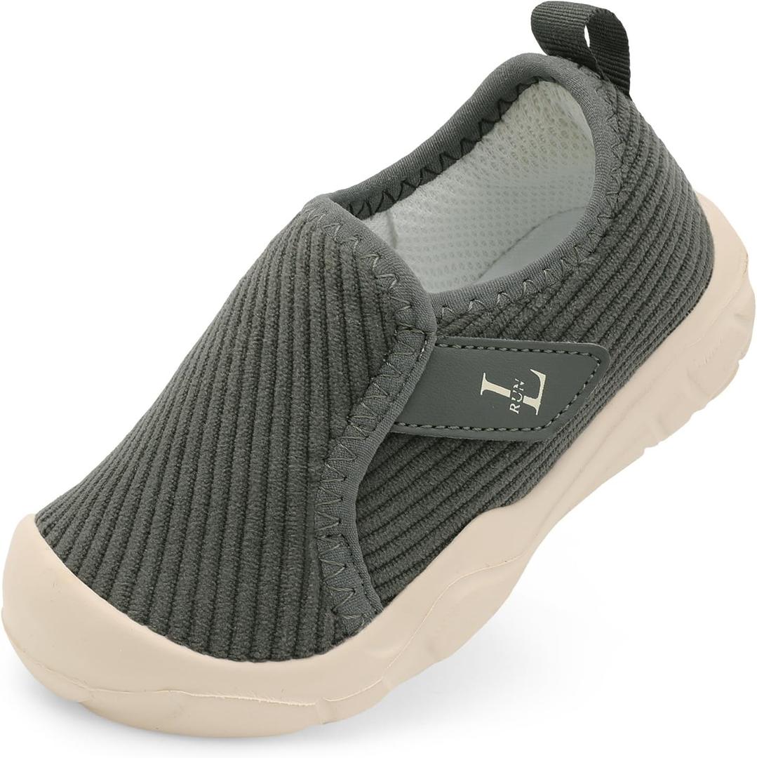 L-RUN Cozy Toddler Slippers Wide Barefoot Kids House Shoes Corduroy Boys Girls Winter Shoes for Indoor and Outdoor Play (Dark Grey)
