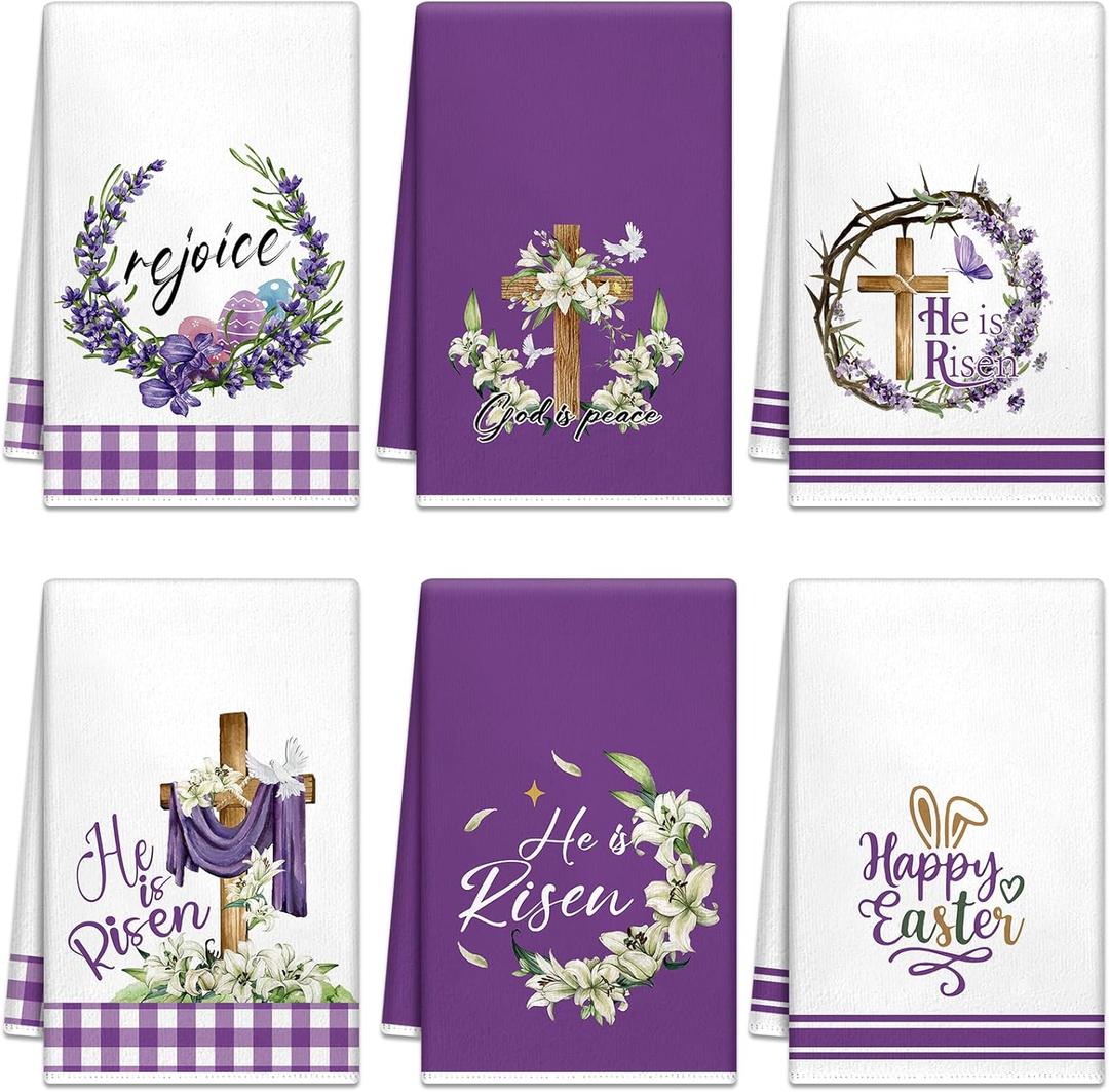 Peryiter 6 Count Easter Kitchen Dish Towel He is Risen Religious Cross Hand Towels 14 x 21 Inch Absorbent Purple Christian Easter Tea Towel for Bathroom Spring Holiday Farmhouse Home Kitchen Decor