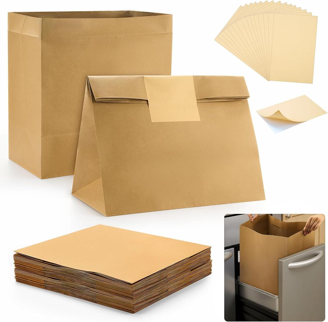 Feifeiya 15 Pcs Trash Compactor Bags for Kitchen with 15 Pcs Adhesive Sealing Strips Heavy Duty Kraft Paper Waste Bags with Leak Proof Liner Fits 15 Inch Rectangular Trash Compactor