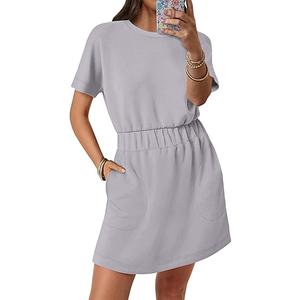 ANRABESS Womens Long Sleeve Dress 2025 Fall Casual Elastic Waist Short Mini T Shirt Dresses with Pockets Travel Outfits Grey Medium