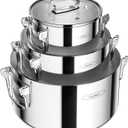 Stainless Steel Pot Set, 6-Piece Stackable Stock Pots with Glass Lids, 7.6 Quarts