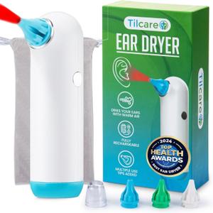 Electric Ear Dryer for Swimmers Ear by Tilcare - Rechargeable Ear Drying Water Remover for Swimming, Showering, and Hearing Aids - Comes with 3 Ear Drying Tips & Carrying Pouch