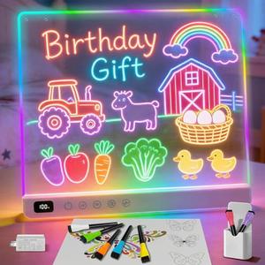 Cosmody Rechargeable LED Drawing Board for Kids, Large 16" Light Up Drawing Pad with 8 RGB Colors & 6 Dynamic Modes, Neon Art Dry Erase Board with Tracing Book & 7 Markers,Creative Gift for Girls Boys