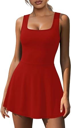 NIASHOT Women's Athletic Dress with Built-in Shorts & Pockets Workout Tennis Golf Active Wear U Neck A-line Dresses, S, Red