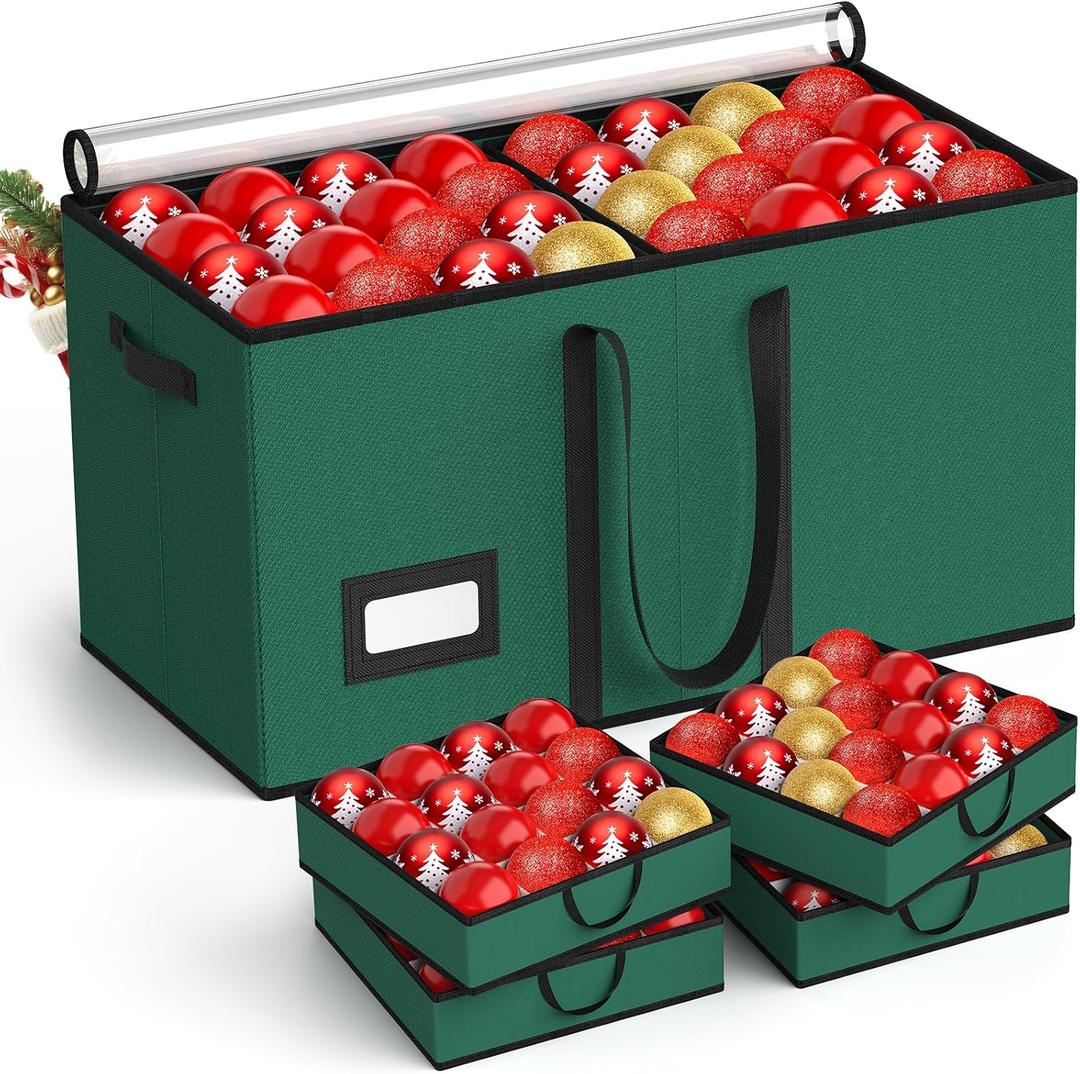 Christmas Ornament Storage Box Store 128-3" Ornaments, Ornament Organizer Storage box with Dual Zipper Closure Visual Cover & Adjustable Dividers, Holiday Decorations Storage Container with 8 Trays (Green)