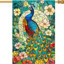 2 x Peacock House Flag 28x40 Inch Double Sided Garden Flag with Colorful Stained Glass Bird and Floral Design for Yard Porch Outdoor Decor Spring Summer Vertical Banner Decorative Art