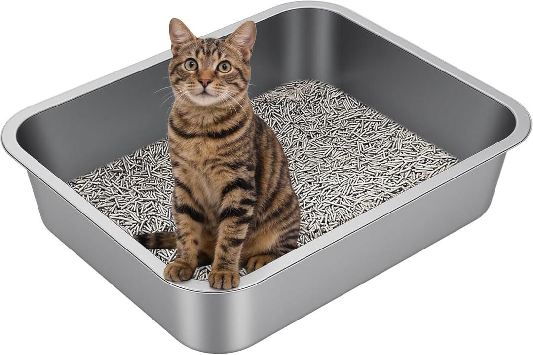 Large Stainless Steel Litter Box with High Sided, Metal Cat Litter Box, Odor-Free Non-Stick Litterbox Pan, Easy to Clean Pet Supplies Toilet Tray for Indoor Cats, Kittens or Multicat Homes (19.69"L x 13.78"W x 3.94"H)